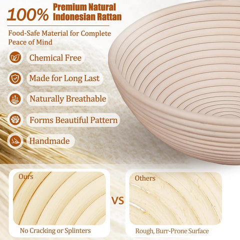 Natural rattan material details in All In One Sourdough Starter Kit With Banneton Baskets And Glass Jar For Home Bakers.