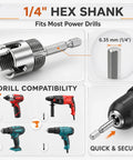 1/4" hex shank from Knockout 10 Piece PVC Pipe Threader Kit For Power Drill Dual NPT Die Heads, compatible with most drills.