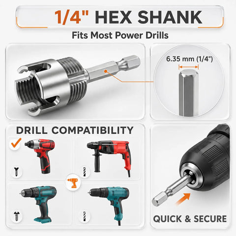 1/4" hex shank from Knockout 10 Piece PVC Pipe Threader Kit For Power Drill Dual NPT Die Heads, compatible with most drills.