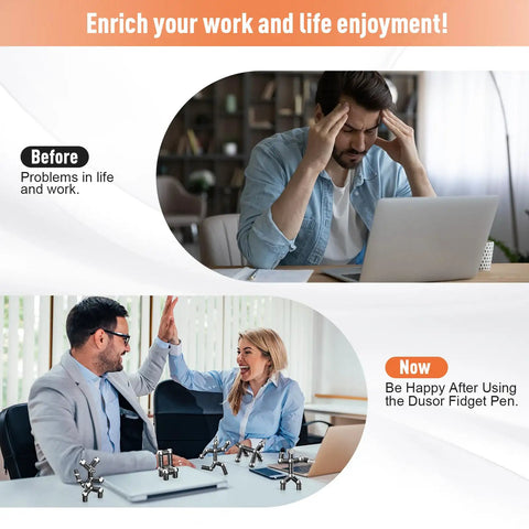 Image showing a stressed man before using the Dope Multifunction Fidget Pen Gift For Men And Women Graduation Gift For Him Or Her LED Light Ruler Touchscreen Pen DIY Toy Gadget For Dad Husband Brother Boyfriend Son Teens, followed by a happy man and woman high-fiving after using it.