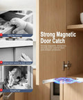 Heavy Duty 4 Pack Magnetic Door Catch Sliding Wardrobe Cabinet Latch With Dual Magnet Core Invisible Design Strong Hold. Cabinet latch close-up on wooden cabinet.