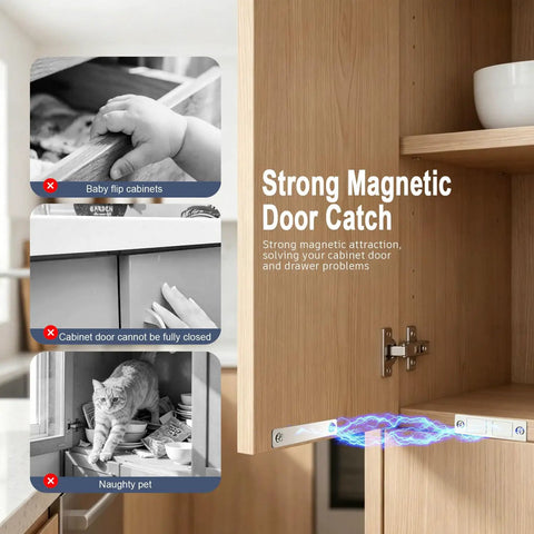 Heavy Duty 4 Pack Magnetic Door Catch Sliding Wardrobe Cabinet Latch With Dual Magnet Core Invisible Design Strong Hold. Cabinet latch close-up on wooden cabinet.