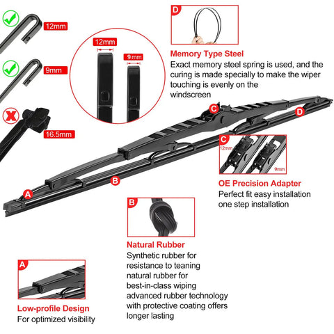 No Fuss 32 Inch Rv Windshield Wiper Blades Pair Durable Rubber Streak Free, showing installation features and material details.