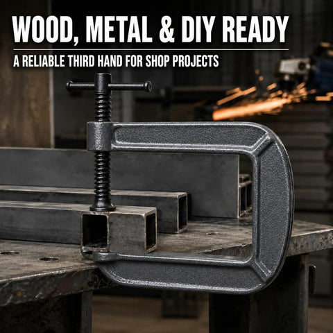 Beefy Heavy Duty Deep Reach C Clamp For Welding And Woodworking Extra Deep Throat Reach Four Point Three Inch And Two Point Eight Inch Jaw Opening Forged Steel G Clamp With Trapezoidal Thread And Swivel Pad For DIY Craft Projects, clamping steel beams