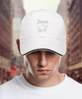 All Day Adjustable Golf Hat For Men And Women, Breathable Unisex Cap with 'Jesus, Coffee, Golf' text, city background