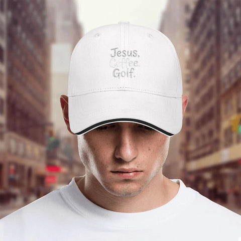 All Day Adjustable Golf Hat For Men And Women, Breathable Unisex Cap with 'Jesus, Coffee, Golf' text, city background