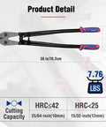Diagram of Beefy 30 Inch Heavy Duty Bolt Cutter with Chrome Molybdenum Jaws, soft rubber grips, and cutting capacity specifications.