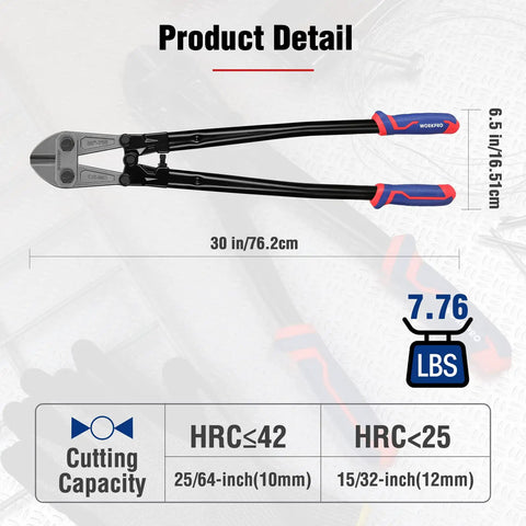 Diagram of Beefy 30 Inch Heavy Duty Bolt Cutter with Chrome Molybdenum Jaws, soft rubber grips, and cutting capacity specifications.