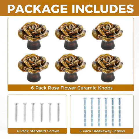 Six Pack Yellow Vintage Flower Premium Ceramic Cabinet Knobs And Drawer Pulls with ceramic rose design and included screws.