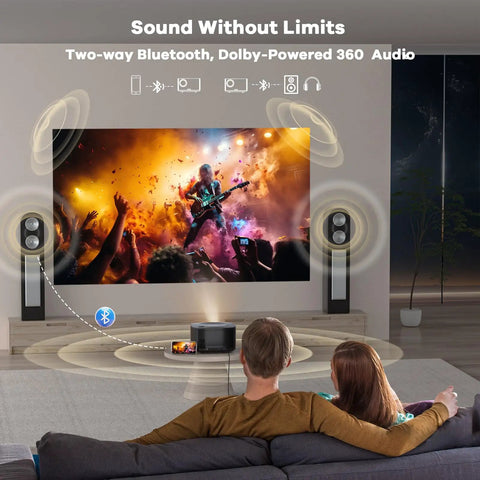 Couple watching concert on Ultra Bright 4K WiFi And Bluetooth Smart Projector With 60W Dolby Audio And AI Auto Focus.