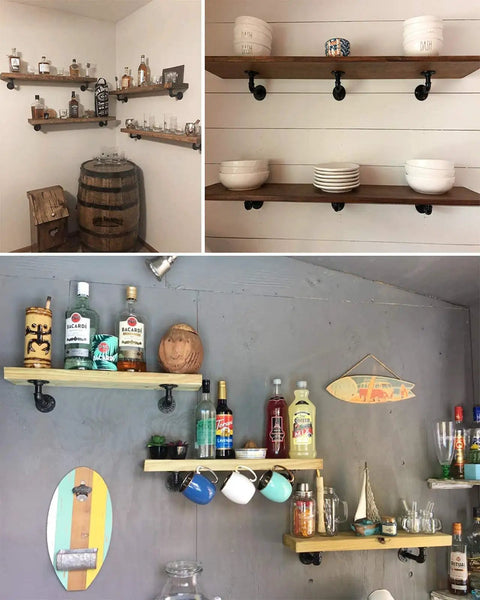 Pipe Shelf Brackets For DIY Floating Shelves 8 To 14 Inch Industrial Iron Pipe Brackets Heavy Duty Metal Shelving Black 6 Pack Perfect For Books Plants Kitchenware And More, used for kitchen and decor.