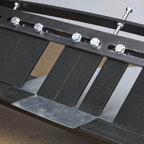 Close-up of MB48B 48 Inch Pan Style Mini Brake showing 22 gauge galvanized steel bending mechanism with bolts