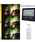 JUDYSSY Solar Flood Lights Outdoor Solar Flood Lights with Remote Control, 50W 6000Lm showing color temperature options and remote control.