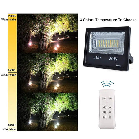 JUDYSSY Outdoor Solar Flood Lights with Remote Control, 50W Led Flood Light showing three color temperatures with remote.