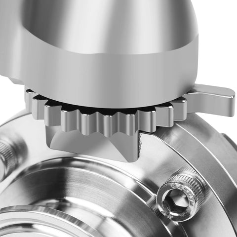 Front view of a 1.5-inch stainless steel tri-clamp butterfly valve with trigger handle