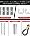 Two-valve spark plug thread repair kit with six stainless adapters and two curved retainers.
