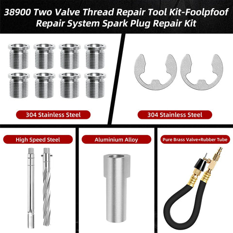 Two-valve spark plug thread repair kit with six stainless adapters and two curved retainers.