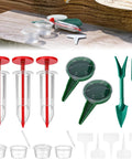 Seven Piece Mini Seed Spreader Set With Handy Handheld Seed Sower Dispensers Dibber And Widger Plus Clear Seed Storage Boxes And Plant Labels For Tiny Seeds Garden Tool Kit For Easy Sowing displayed on a table.