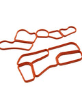 Mercedes-Benz Engine Oil Filter Housing Gasket Set Rubber Replacement 2721840080 2721840280 shown in orange rubber, two-piece set.