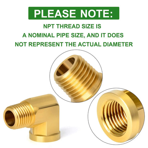 Close-up of 2 Pack 90 Degree Street Elbow Brass Pipe Fitting Half Inch NPT Male To Half Inch NPT Female Barstock Corrosion Resistant Plumbing Connector