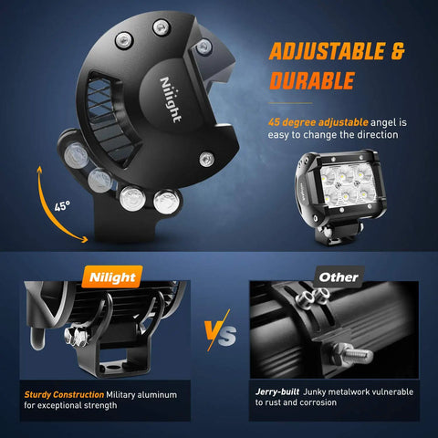 Adjustable angle of Led Pods 2 Pack 18W 1260LM Flood Off Road Lights for Trucks SUVs ATVs UTVs Vans Boats, with durable aluminum.