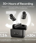 Ultra Lightweight Mini Wireless Lavalier Microphone For iPhone Type C Plug And Play 48kHz 24 Bit Studio Sound With Smart Noise Cancelling And Digital Display 30 Hour Battery And Only 6g Weight For Crisp On The Go Video Recording. Charging case and microphones showcased. 30+ hours runtime displayed with digital screen.