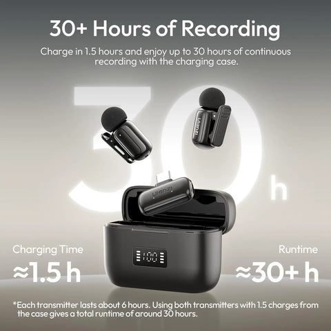 Ultra Lightweight Mini Wireless Lavalier Microphone For iPhone Type C Plug And Play 48kHz 24 Bit Studio Sound With Smart Noise Cancelling And Digital Display 30 Hour Battery And Only 6g Weight For Crisp On The Go Video Recording. Charging case and microphones showcased. 30+ hours runtime displayed with digital screen.