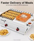 Pro Grade 6L Commercial Gas Deep Fryer with dual temperature control and fries on a griddle cart for restaurant use
