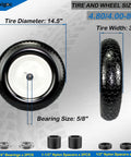 Flat Free Wheelbarrow Tire And Wheel 14.5 Inch 4.80/4.00-8 With 5/8 Bore showing dimensions and included bearings.
