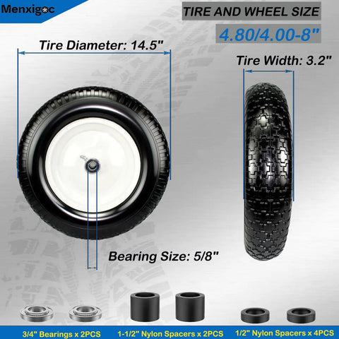 Flat Free Wheelbarrow Tire And Wheel 14.5 Inch 4.80/4.00-8 With 5/8 Bore showing dimensions and included bearings.