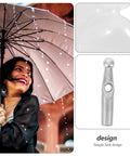Woman under a pink umbrella, showcasing the Handy Dandy 10 Piece Umbrella Tail Beads Kit For Foldable Repair And Sturdy Plastic Rib End Caps Easy Snap Fix Keeps Your Rain Gear Snappy And Dry Through Any Storm Weather.