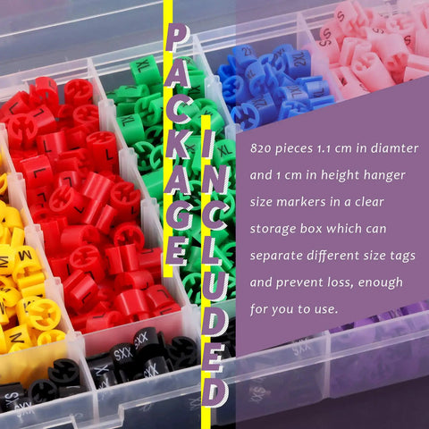 820 Piece Hanger Size Markers Set With Storage Box showing colored markers XXS to 4XL in a clear box, organized by color.