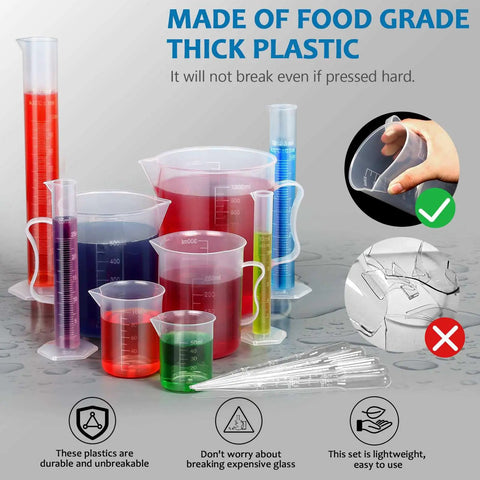 Upgraded Plastic Graduated Cylinder And Beaker Set With Easy Grip Handles Includes Extra Pipettes And Test Tube Brush Cylinders 10ml 25ml 50ml 100ml And Beakers 50ml 100ml 250ml 500ml 1000ml For DIY Nerds And Science Lab, shown with various liquid colors and pipettes.