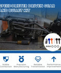 Speedometer Driven Gear And Bullet Kit for Muncie GM T10 Saginaw Transmissions shown with gears and seals on table.