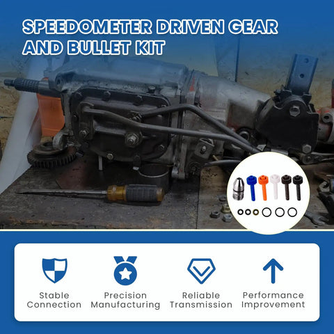 Speedometer Driven Gear And Bullet Kit for Muncie GM T10 Saginaw Transmissions shown with gears and seals on table.