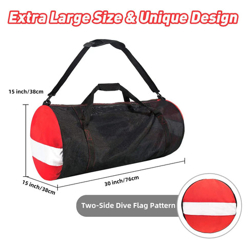 Ultra Large 30 Inch Mesh Dive Gear Bag For Scuba Snorkeling And Beach Trips Pro Grade Quick Dry Duffel with red and white ends.