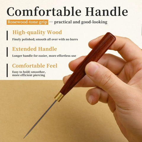Heavy Duty 2 Pack Scratch Awl Tool Kit Rock Solid Leather Sewing Punch Set, featuring a comfortable rosewood grip for easy use.