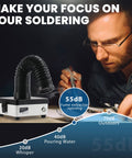 Man using Desktop Mini Solder Fume Extractor With 3 Stage Filters next to noise level chart, showing quiet operation at 55dB.