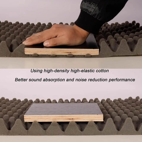 Hand applying Solid Acoustic Foam Panels For Room Noise Blocking Quick Rebound Soundproof Wall Tiles Peel And Stick, showcasing texture.