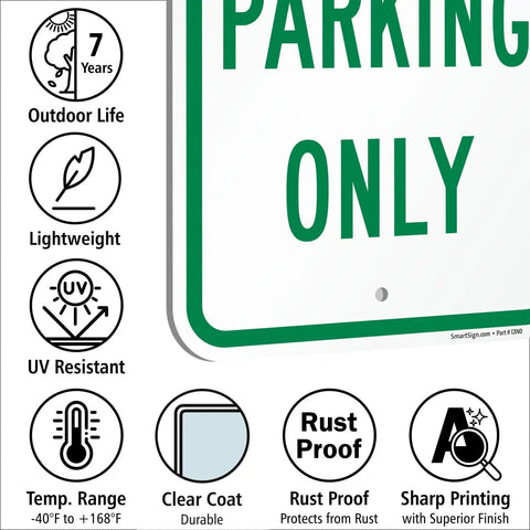 Built Tough Visitor Parking Only Sign Pack Of Four 18x12 Inch Heavy Duty Aluminum Composite Panel Engineer Grade High Visibility Reflective Vinyl All Season Weatherproof Green And White Outdoor Yard Notice For Driveways showing parking only message, durability icons, and UV resistance.