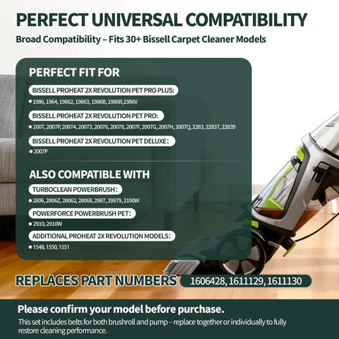 Ultimate 3In1 Belt Replacement Kit For Bissell ProHeat 2X Revolution Pet Carpet Cleaners Fits Models 1986 1548 1551 2007 And More Replaces Parts 1606428 1611129 1611130 With Flat Pump Brush Gear Belts Included, compatibility chart