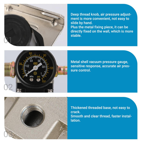 Stainless Steel Air Compressor Pressure Regulator One Quarter Inch PT With Mounting Bracket And Gauge Adjustable 0 To 160 PSI