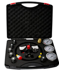 Hydraulic Nitrogen Pressure Test Set and Accumulator Charging Kit with three gauges in an open case showing interchangeable accessories