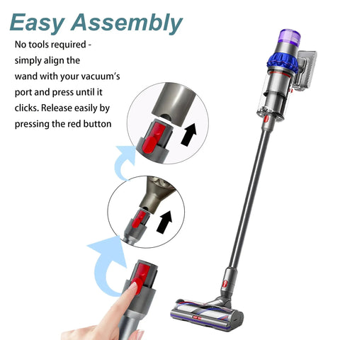 Long Reach Aluminum Extension Wand for Cordless Stick Vacuums with Quick Release 28.3 Inch Replacement Part for Dyson shown.
