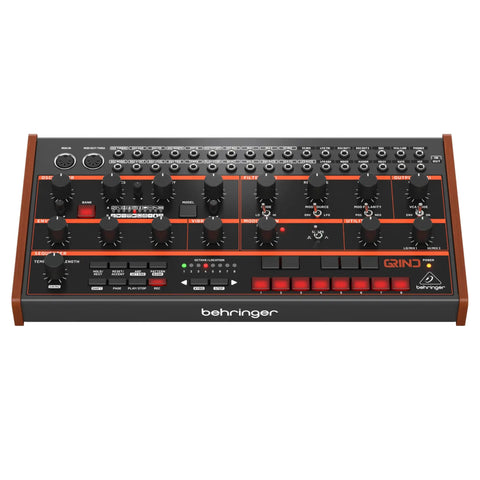 Front view of Grind Dope Semi Modular Hybrid Multi Engine Synthesizer In Orange With 24 Digital Oscillators 10 Percussion And Noise Engines