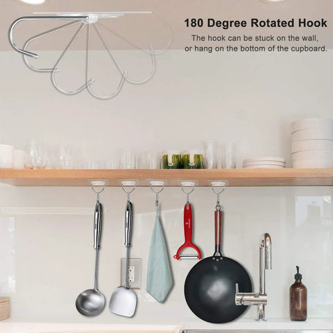 Heavy Duty Adhesive Hooks Up To 11 Lbs Seamless Clear Wall Hangers Without Nails 8 Pack used for hanging kitchen utensils.