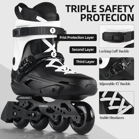 Adults And Teens Inline Skates For Men And Women, Professional Roller Blades For Fitness And Recreation, Durable Metal Frame With Removable Brake, Memory Foam Liner, Black and White, Size 4-13, triple safety protection features
