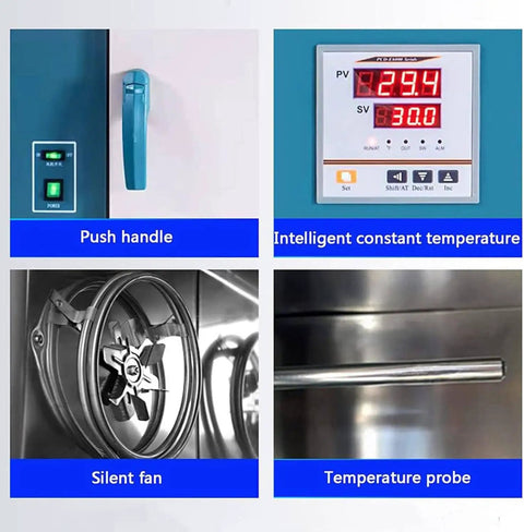Smart Digital Lab Blast Drying Oven With Adjustable Fan Speed features digital panel, silent fan, and temperature probe for lab use.
