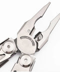 Close-up of All In One 36 In 1 Multitool Pliers With Replaceable Wire Cutters And Saw Blades, 5Cr17 stainless steel detail.