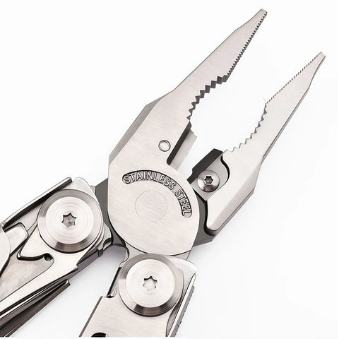 Close-up of All In One 36 In 1 Multitool Pliers With Replaceable Wire Cutters And Saw Blades, 5Cr17 stainless steel detail.